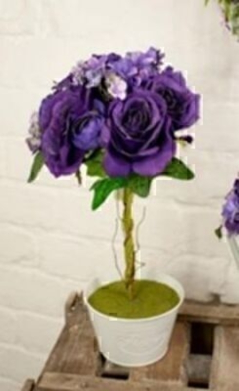 Real look silk flowers. Topiary of roses and hydrangea in deep 'Cadburys' purple by Bloomsbury. Standing in a white zinc pot. Size